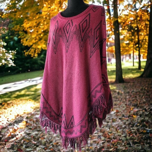 NY COLLECTION  Deep Red with black triangle and fringe.  XL - Picture 1 of 7